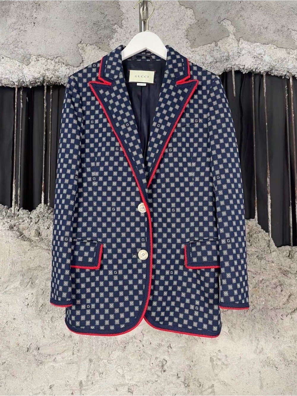 🚩steal Gucci Navy Geometric Wool-Blend Blazer with Red Trim